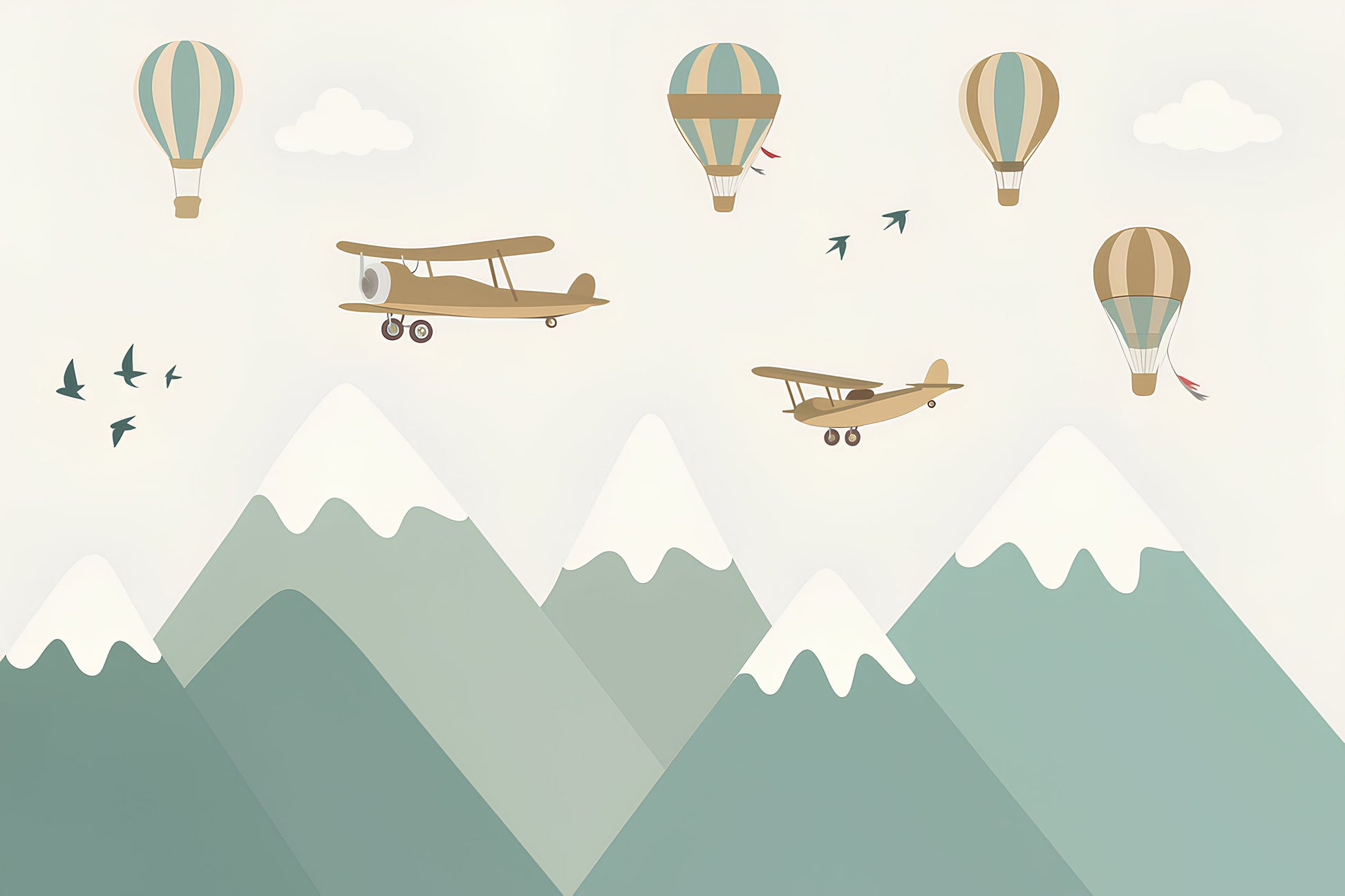 Detailed sky adventure mural wallpaper design pattern with planes and hot air balloons by Kids-Mundo