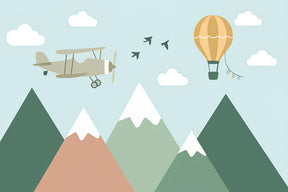 Detailed sky adventure mural wallpaper design pattern with airplane and hot air balloon by Kids-Mundo