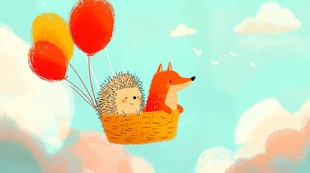 Detailed sky adventure mural wallpaper design pattern with hedgehog fox hot air balloons by Kids-Mundo