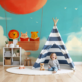 Sky adventure mural wallpaper with animal friends in colorful nursery by Kids-Mundo