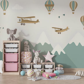 Hot air balloon and airplane wallpaper transforming kids playroom into adventure zone