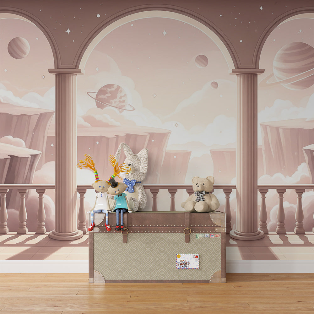 Kids-Mundo floating islands and planets wall mural on a feature wall in a kids bedroom