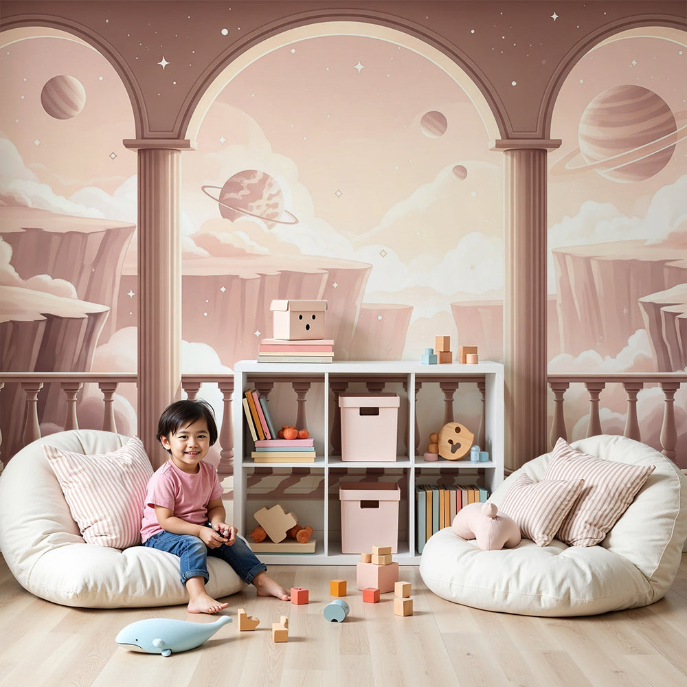 Sky balcony wall mural by Kids-Mundo styled behind a cot in a warm pink nursery
