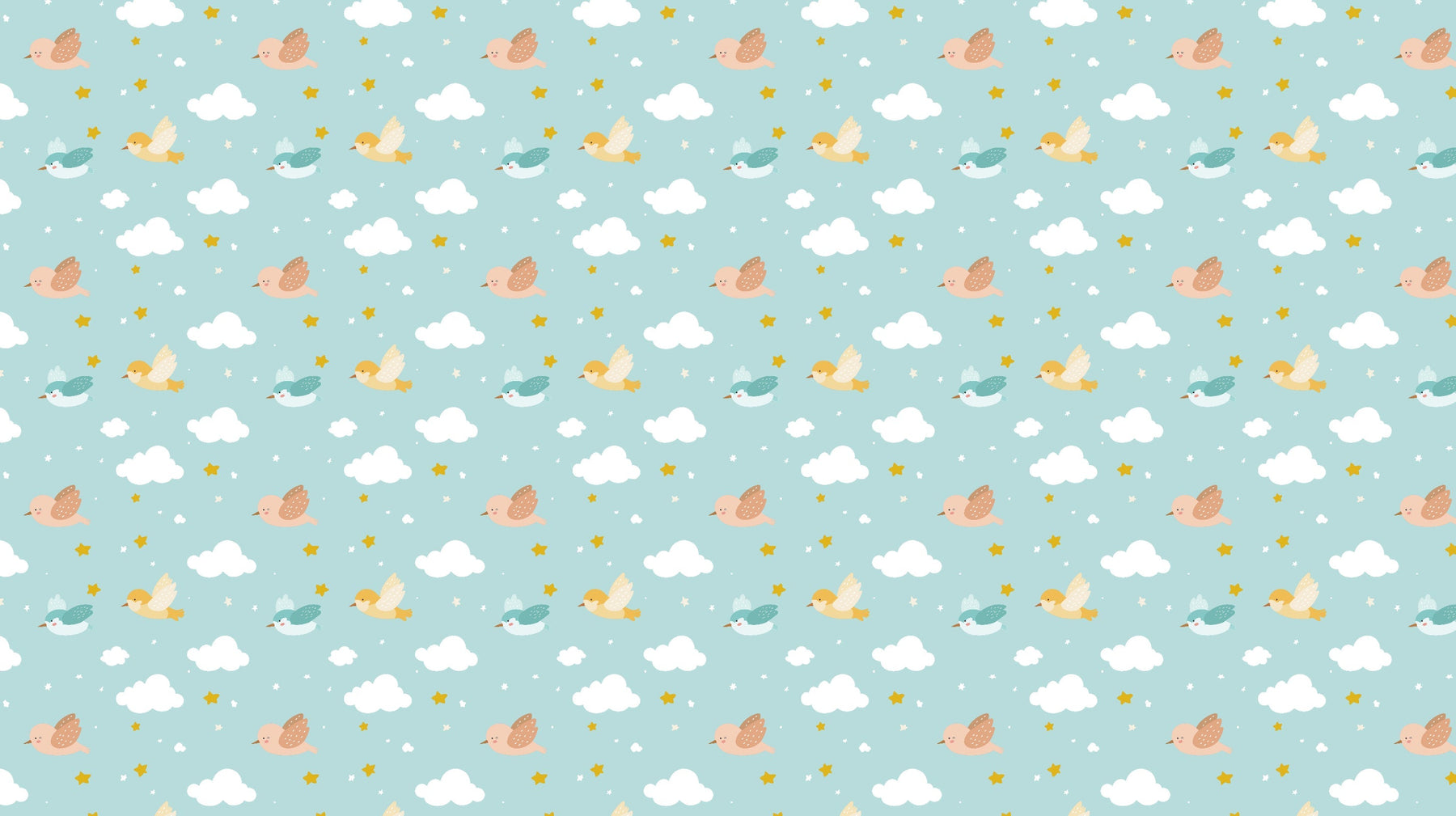 Detailed sky birds mural wallpaper design pattern showing colorful birds and cloud motifs by Kids-Mundo