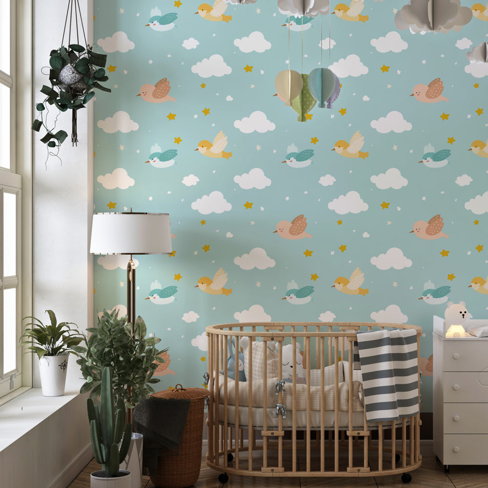 Sky birds mural wallpaper transforming kids room into peaceful cloud-filled adventure space