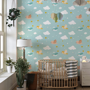 Sky birds mural wallpaper transforming kids room into peaceful cloud-filled adventure space