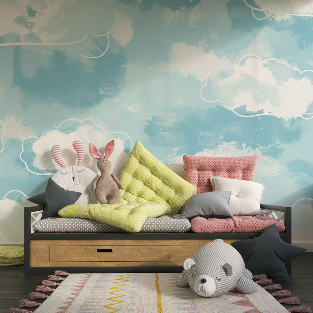 Soft blue clouds mural wallpaper in elegant children's bedroom setting by Kids-Mundo