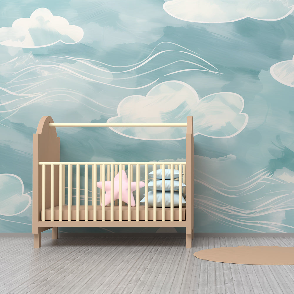 Watercolor clouds mural wallpaper transforming kids room into serene sky sanctuary