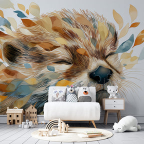 Peaceful sleeping animal wallpaper creating serene kids bedroom atmosphere with natural decor