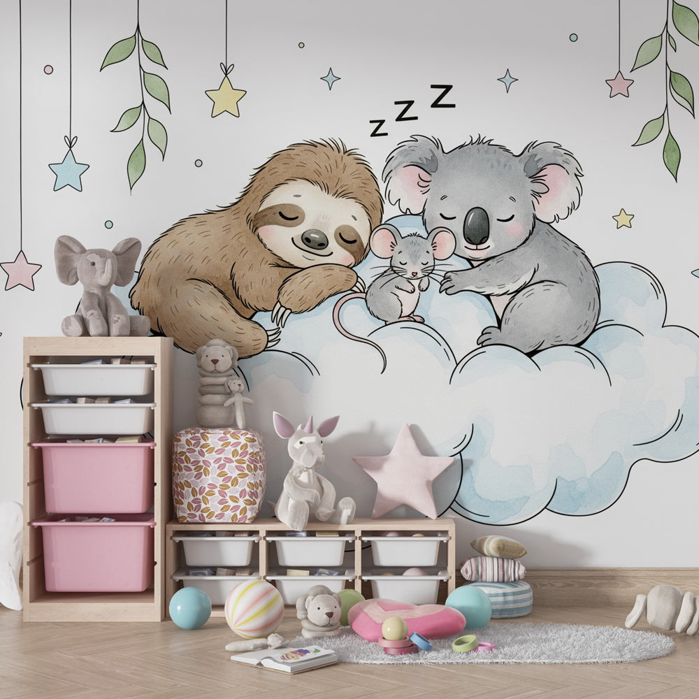 Three sleeping animals on cloud wallpaper creating calming atmosphere in children's bedroom