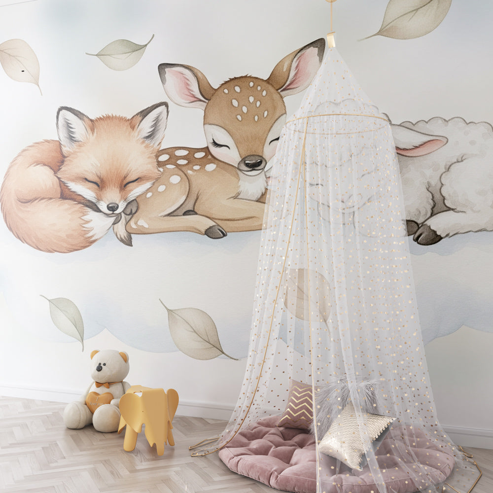 Soft beige sleeping animals wallpaper creating peaceful atmosphere in modern nursery