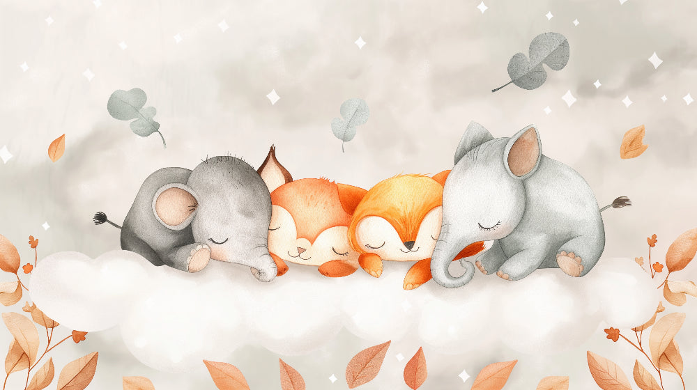 Detailed sleeping animals on cloud mural wallpaper design pattern with stars and leaves by Kids-Mundo