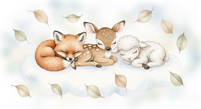 Detailed sleeping animals mural wallpaper design pattern with cloud and leaves by Kids-Mundo