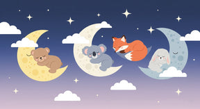 Detailed sleeping animals on moon mural wallpaper design pattern showing bear koala fox rabbit