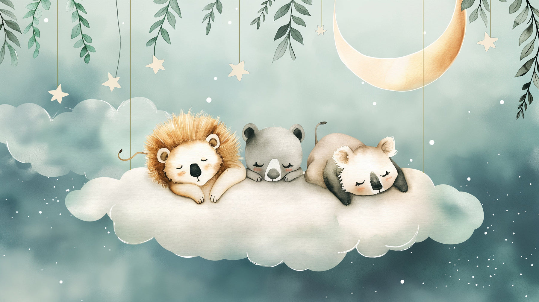 Detailed sleeping animals on clouds mural wallpaper design pattern by Kids-Mundo
