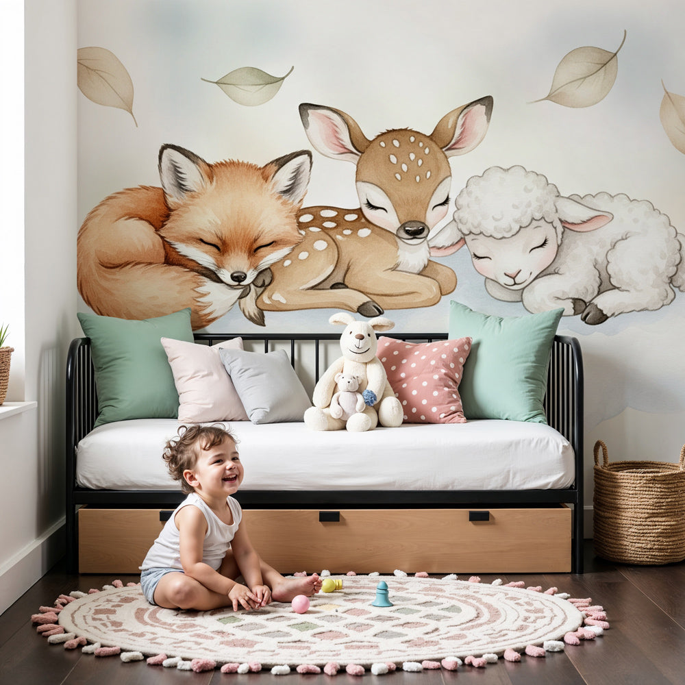 Sleeping animals mural wallpaper in modern baby nursery with white crib by Kids-Mundo