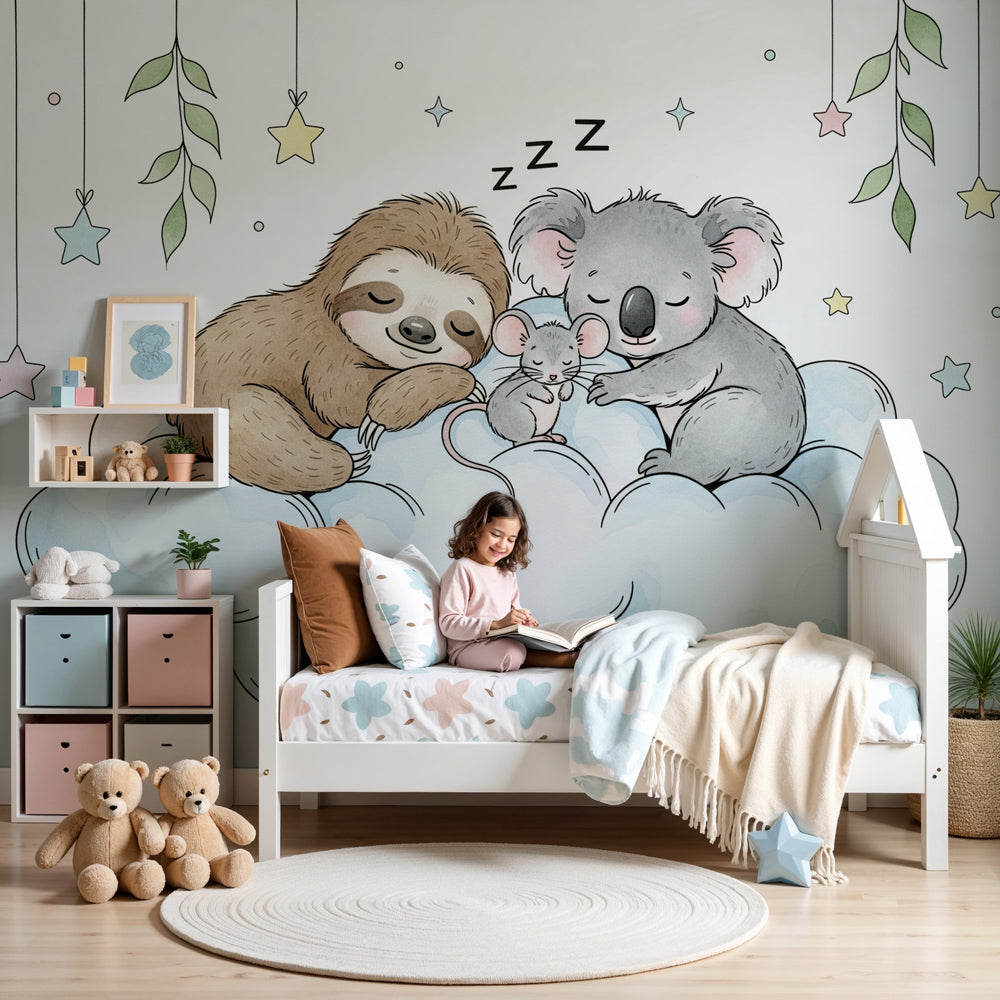 Sleeping animals mural wallpaper in peaceful nursery setting with natural wood crib by Kids-Mundo