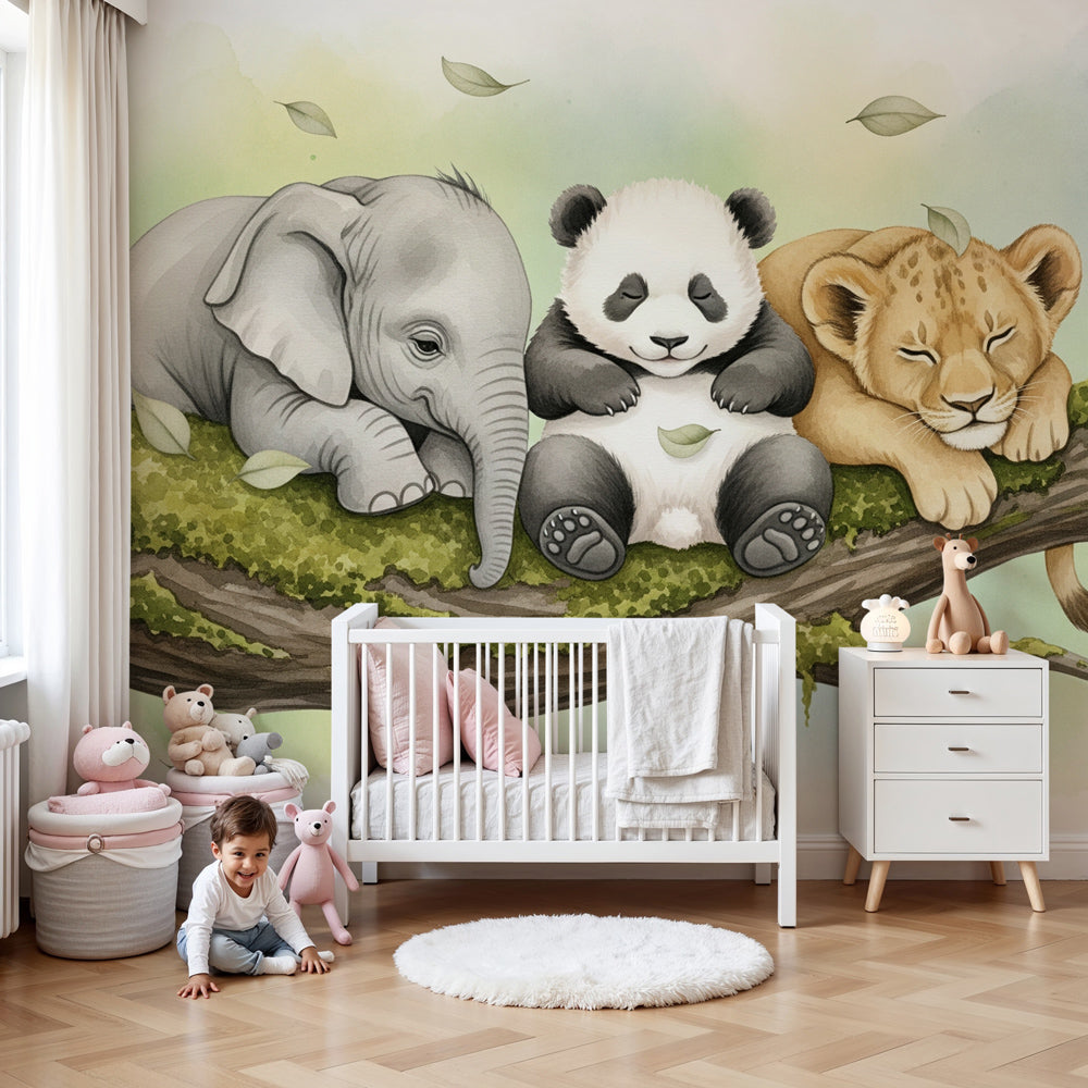 Sleeping animals mural wallpaper creating peaceful nursery atmosphere with natural wood crib by Kids-Mundo