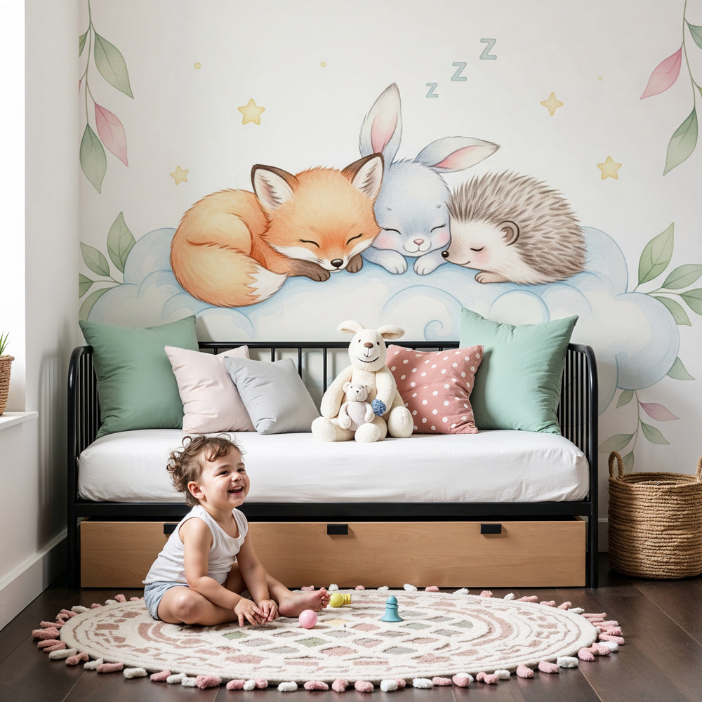 Sleeping animals mural wallpaper with cloud design in peaceful nursery setting by Kids-Mundo