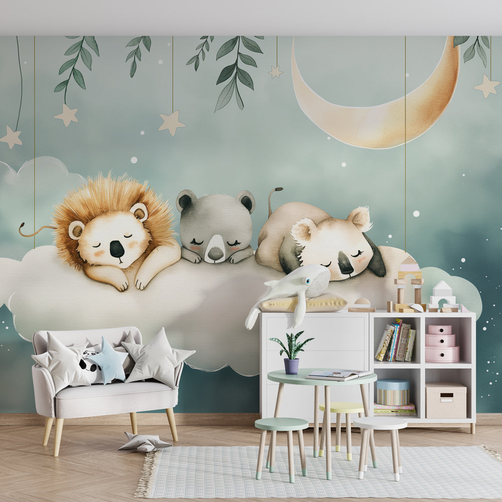 Moon and stars animal wallpaper with soft pastels for baby nursery decor