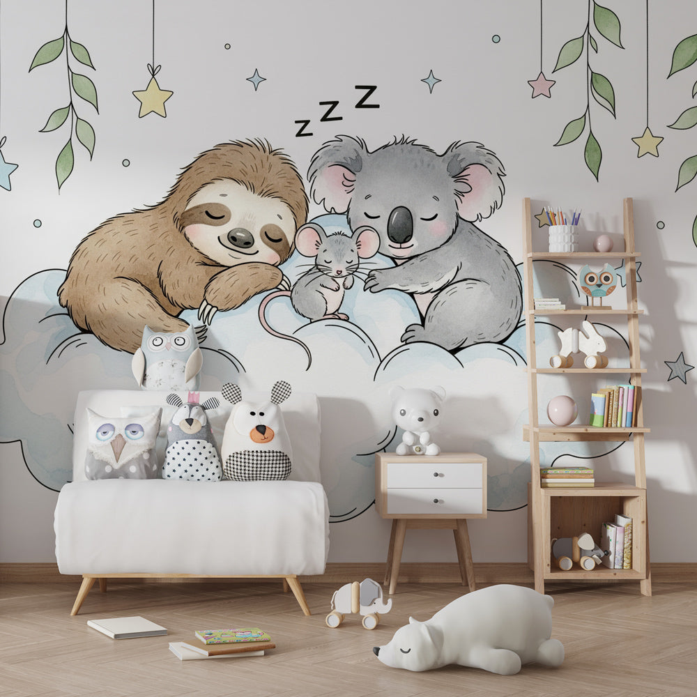 Dreamy cloud animals wallpaper transforming toddler room into serene sleep sanctuary