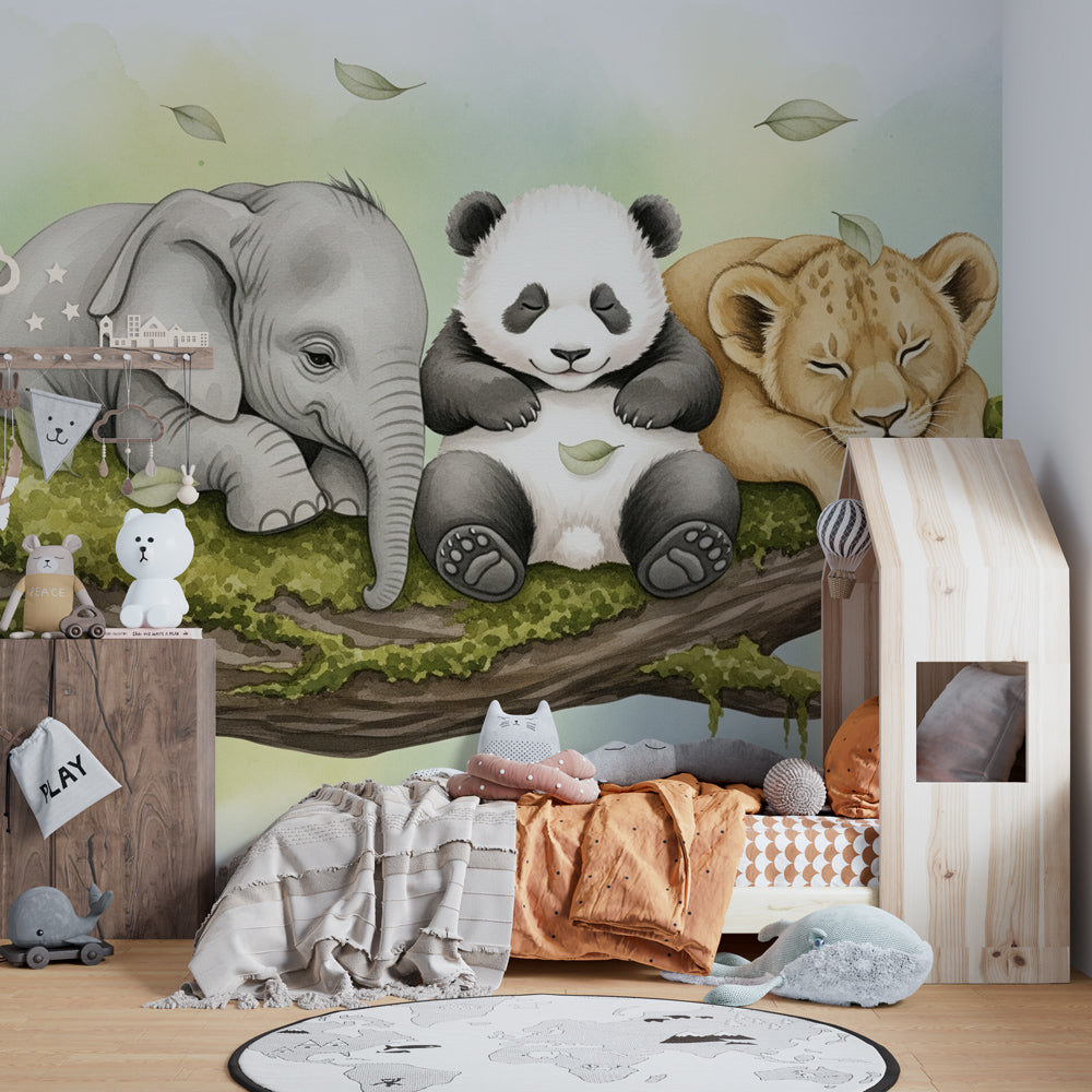 Peaceful children's room showcasing sleeping animals mural wallpaper with soft cotton textiles