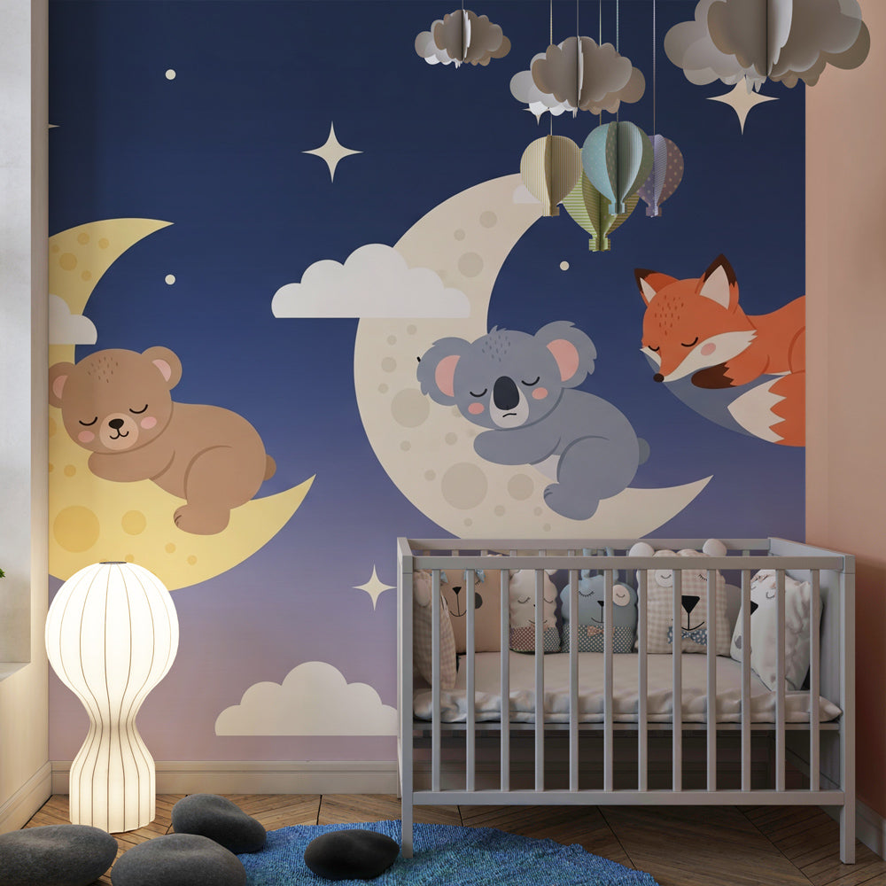 Pastel sleeping animals wallpaper with stars and clouds for cozy toddler room by Kids-Mundo