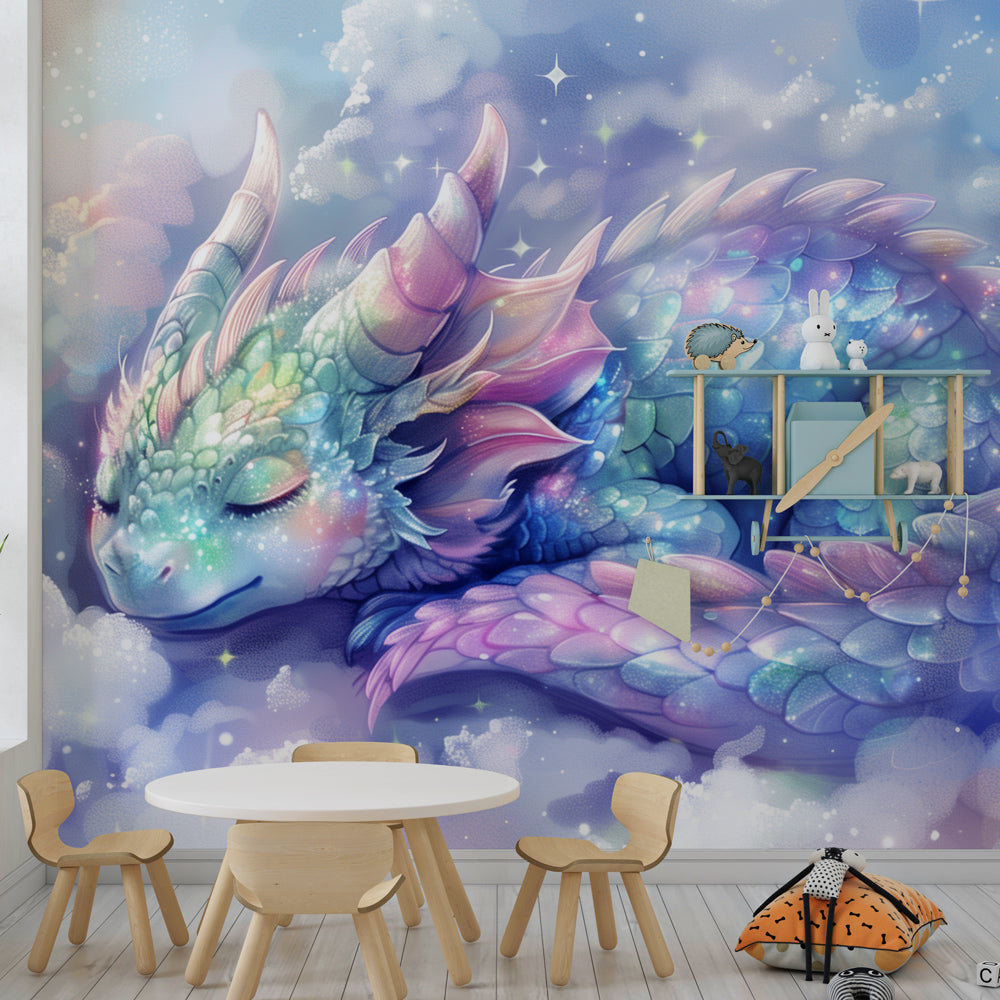 Kids-Mundo baby dragon wall mural with sparkly clouds displayed in a dreamy playroom