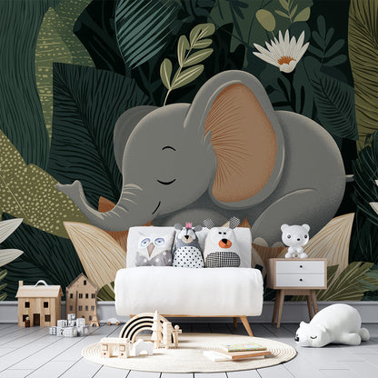 Kids-Mundo baby elephant jungle mural covering a feature wall in a child's bedroom