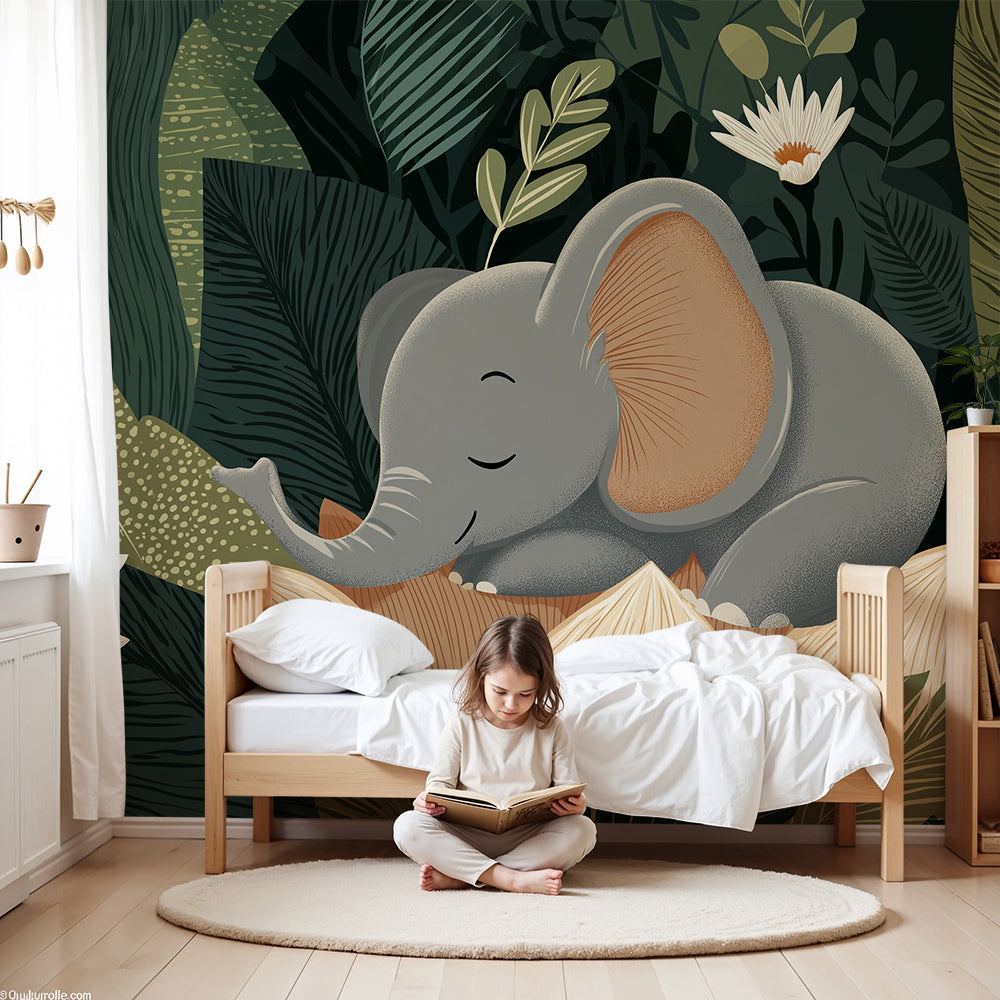 Kids-Mundo sleeping baby elephant wall mural styled above a cot in a nursery