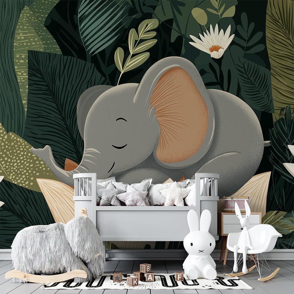 Kids-Mundo elephant nursery wallpaper set behind a nursing chair in a playroom corner