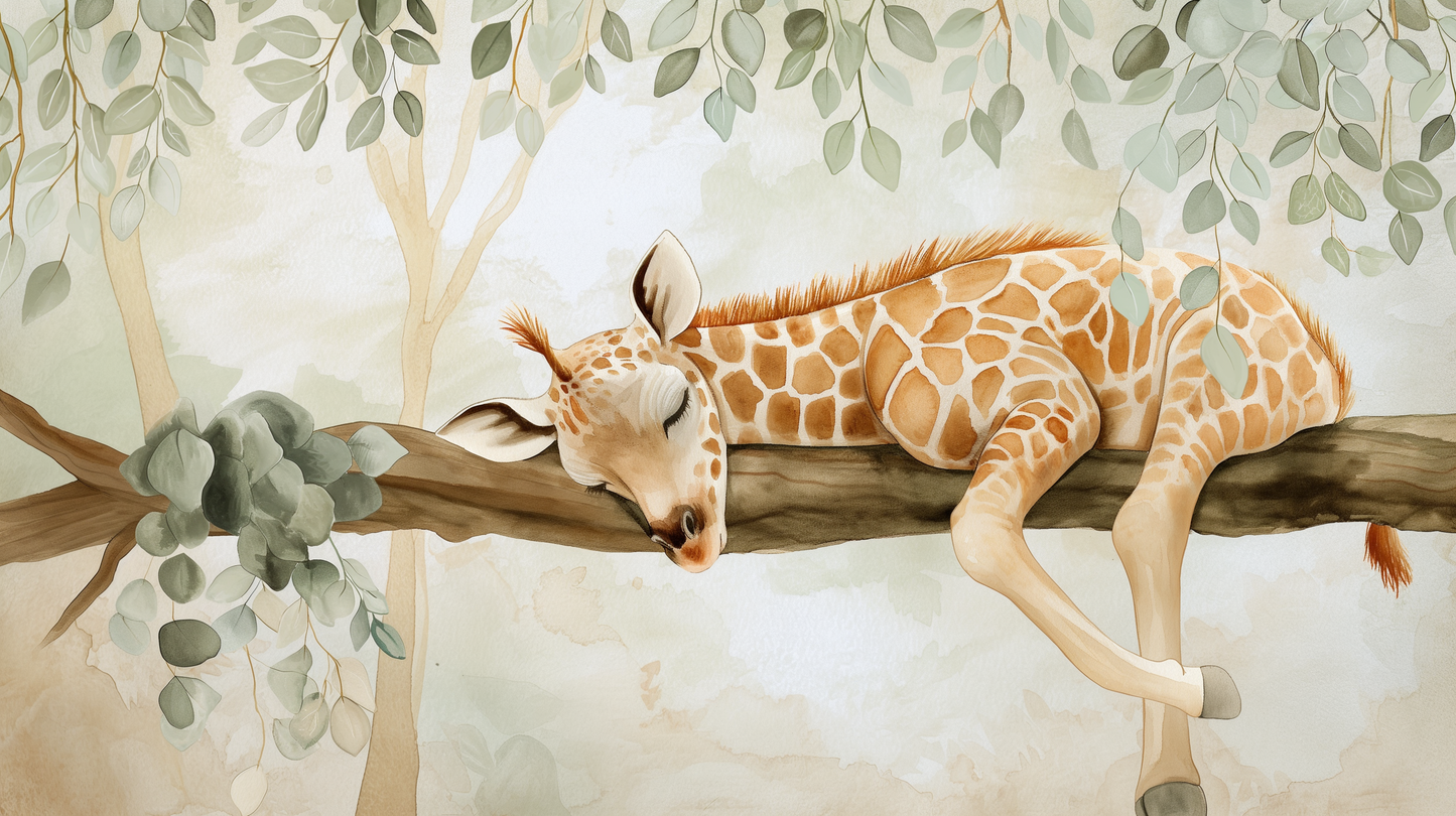 Kids-Mundo flat artwork of the sleeping baby giraffe watercolour wall mural design