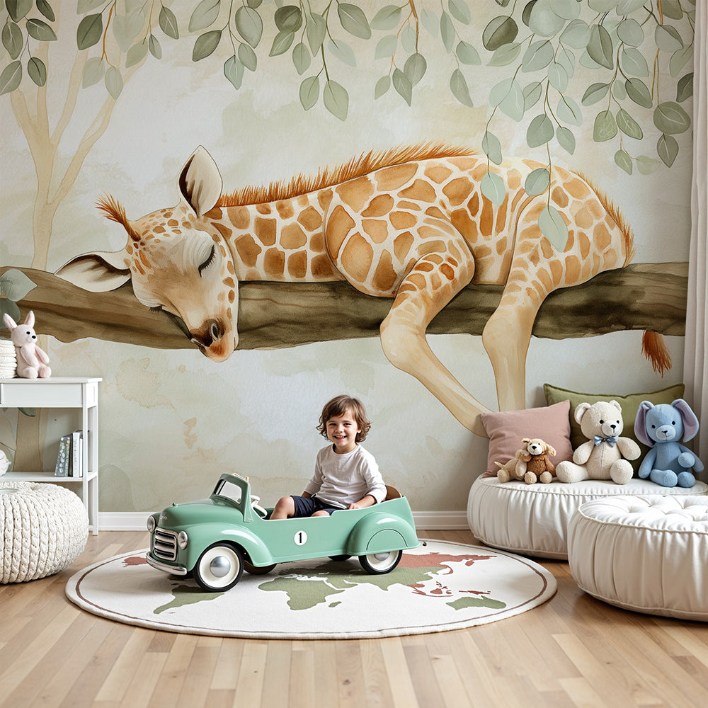 Kids-Mundo sleeping baby giraffe watercolour wall mural styled in a calm baby nursery