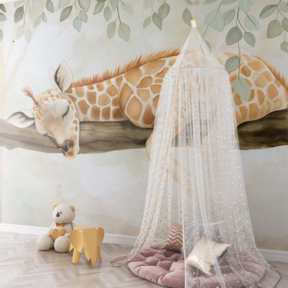 Kids-Mundo sleeping giraffe wall mural adding a gentle woodland feel to a playroom