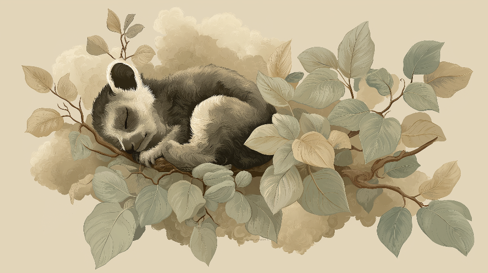 Kids-Mundo flat artwork of a sleeping baby panda curled on a branch among soft leaves