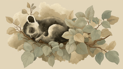 Kids-Mundo flat artwork of a sleeping baby panda curled on a branch among soft leaves