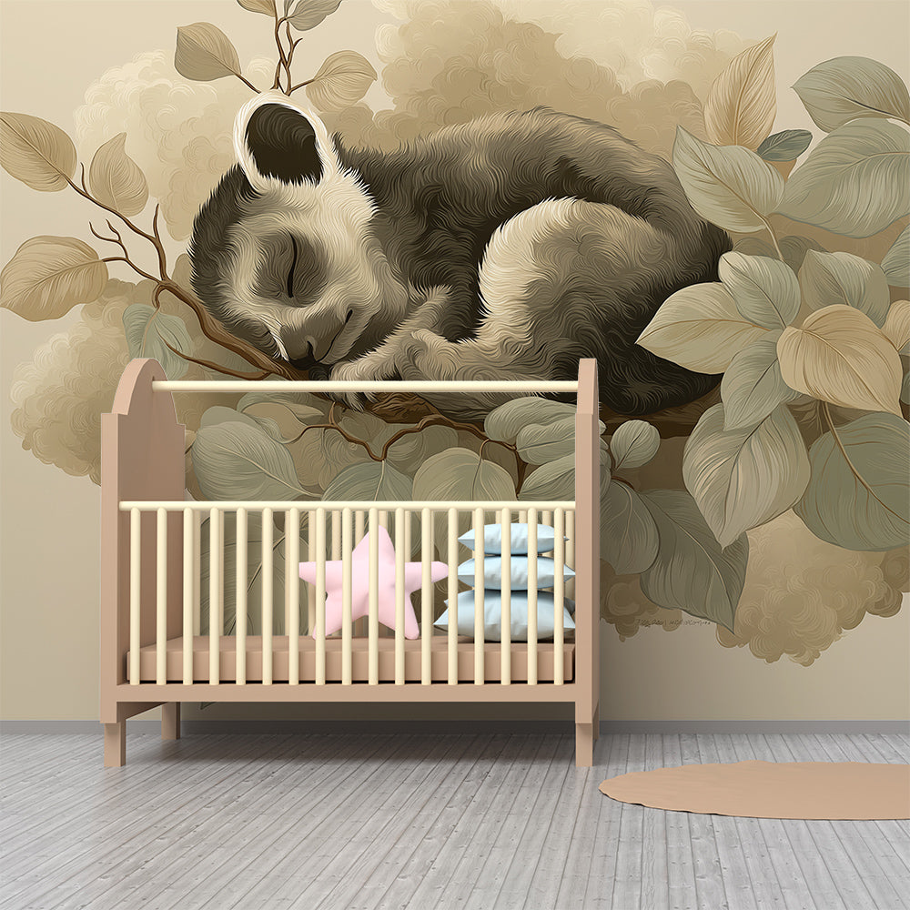 Kids-Mundo sleeping panda wall mural shown as a reading corner feature in a playroom