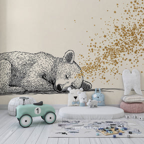 Dreamy bear wallpaper creating peaceful atmosphere in baby's room with natural decor