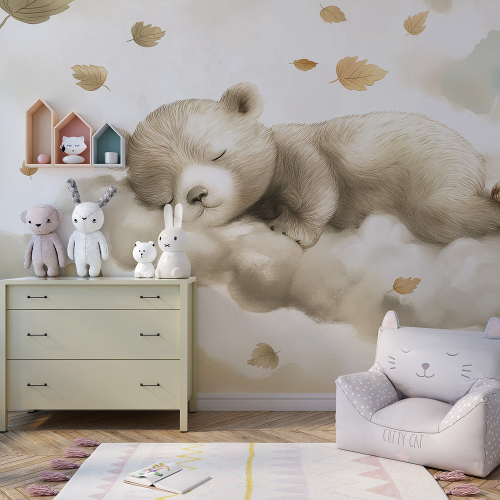 Peaceful bear and clouds wallpaper creating serene baby bedroom decor atmosphere