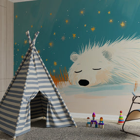 Starlit teddy bear wallpaper in modern baby bedroom with natural wood furniture