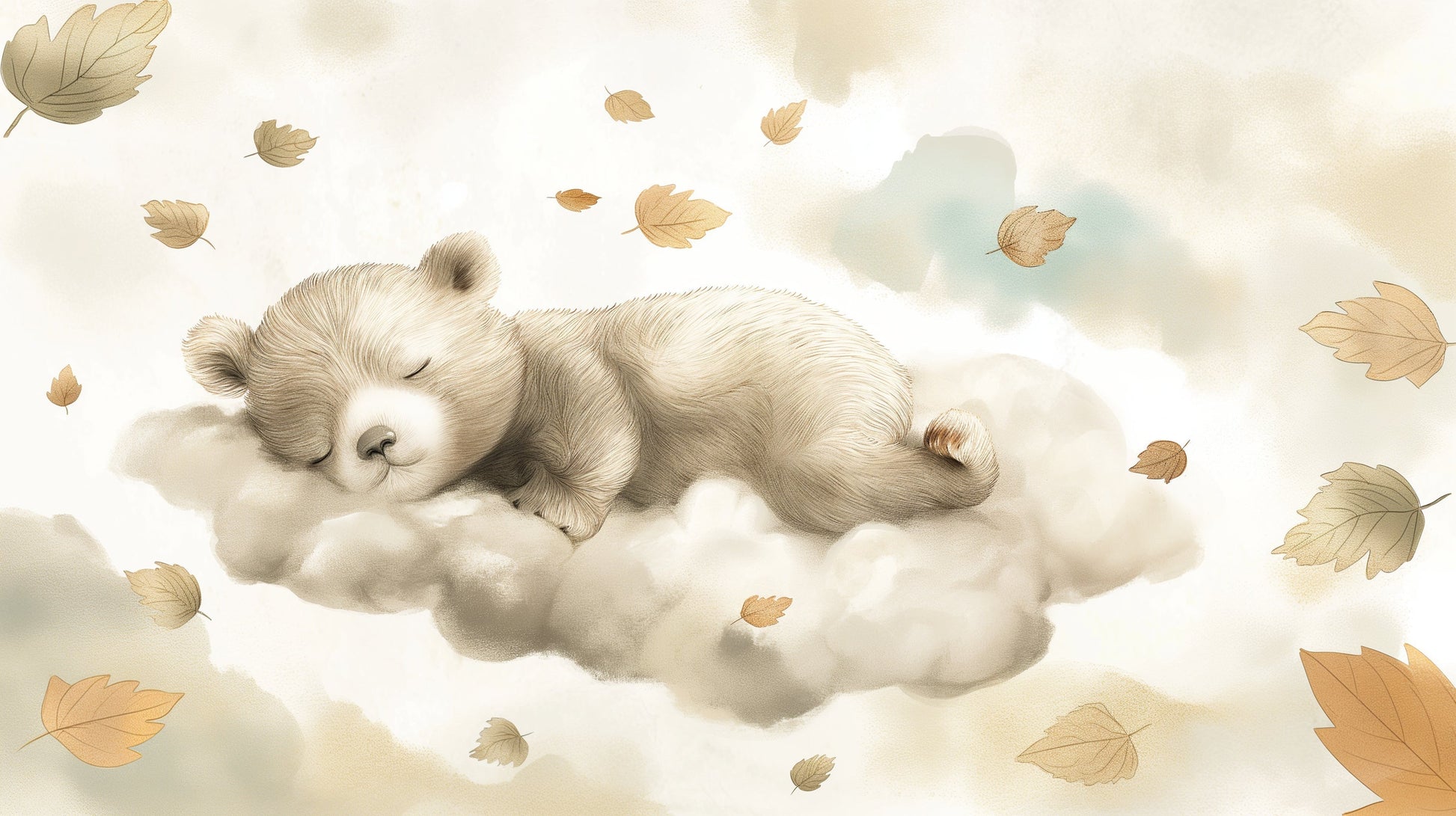 Detailed sleeping bear and golden leaves mural wallpaper design pattern by Kids-Mundo