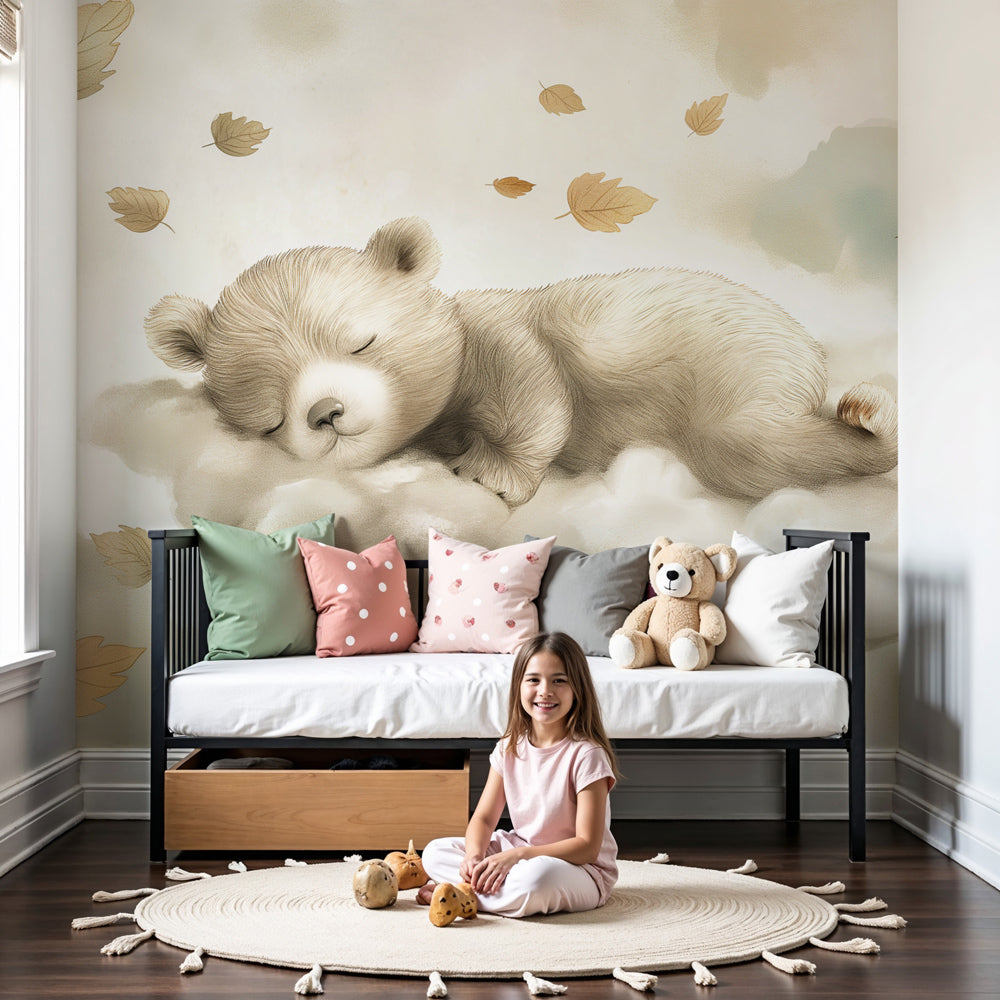 Sleeping bear cloud mural wallpaper in modern nursery with wooden crib by Kids-Mundo