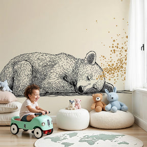 Sleeping bear mural wallpaper with golden stars in modern nursery by Kids-Mundo