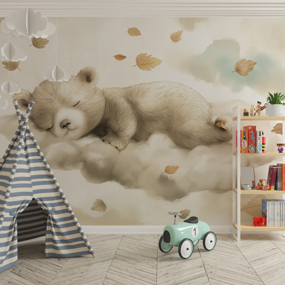 Cloud nursery mural wallpaper with teddy bear design for calming toddler room by Kids-Mundo