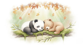 Detailed sleeping bears autumn leaves mural wallpaper design pattern by Kids-Mundo