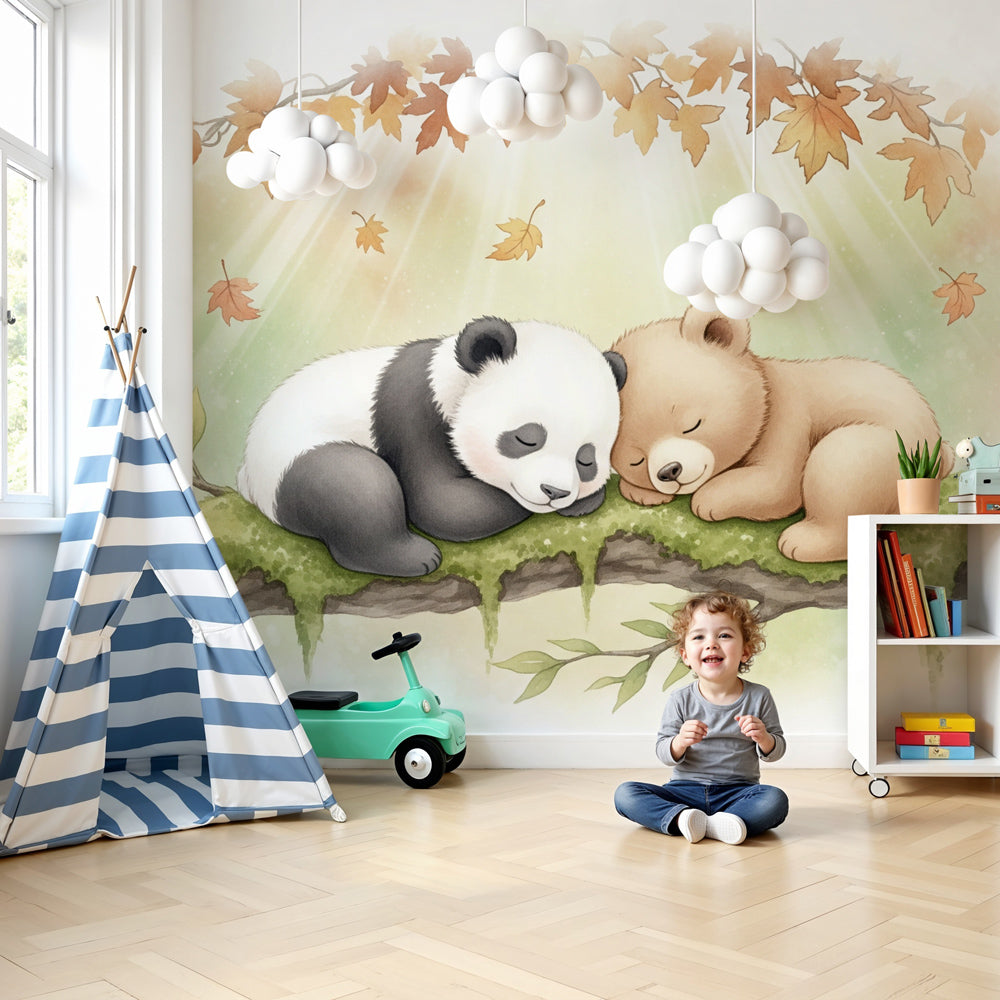 Sleeping bears autumn mural wallpaper in cozy nursery setting by Kids-Mundo