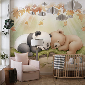 Bear cubs autumn leaves mural wallpaper for calming toddler room by Kids-Mundo