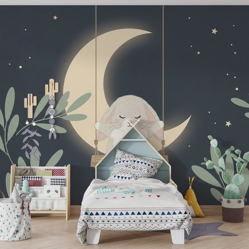 Moon and stars bunny wallpaper in modern baby bedroom with wooden crib and soft lighting