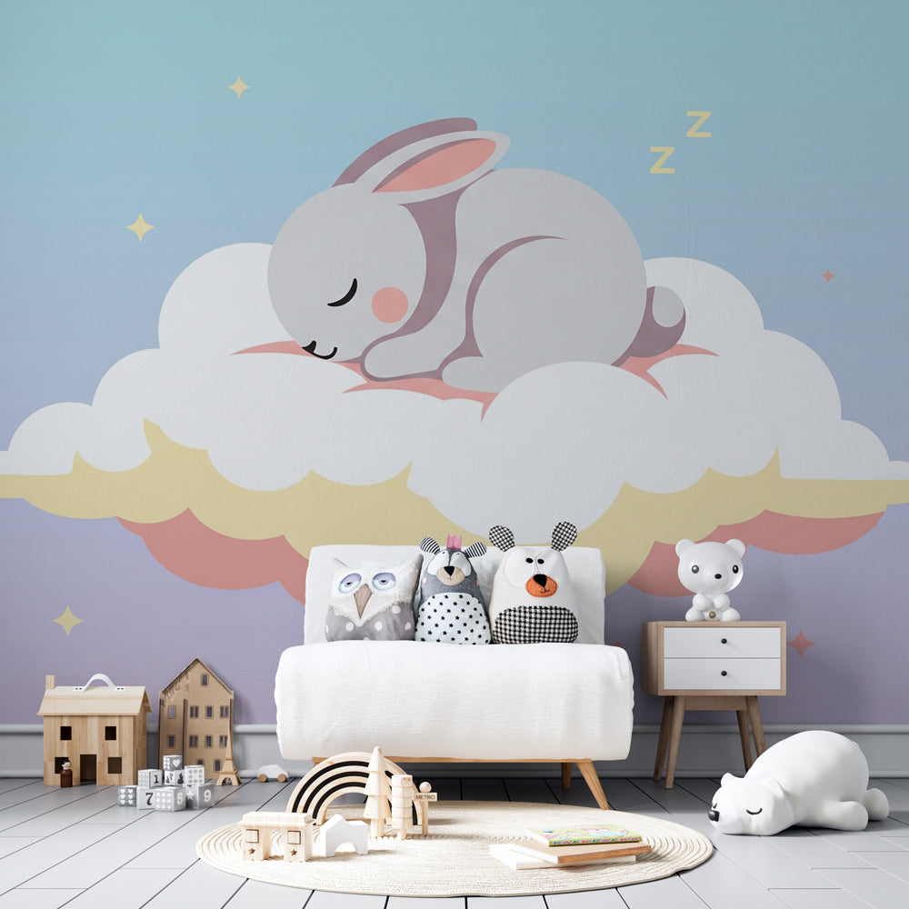 Dreamy bunny cloud wallpaper creating calming kids bedroom atmosphere with soft lighting