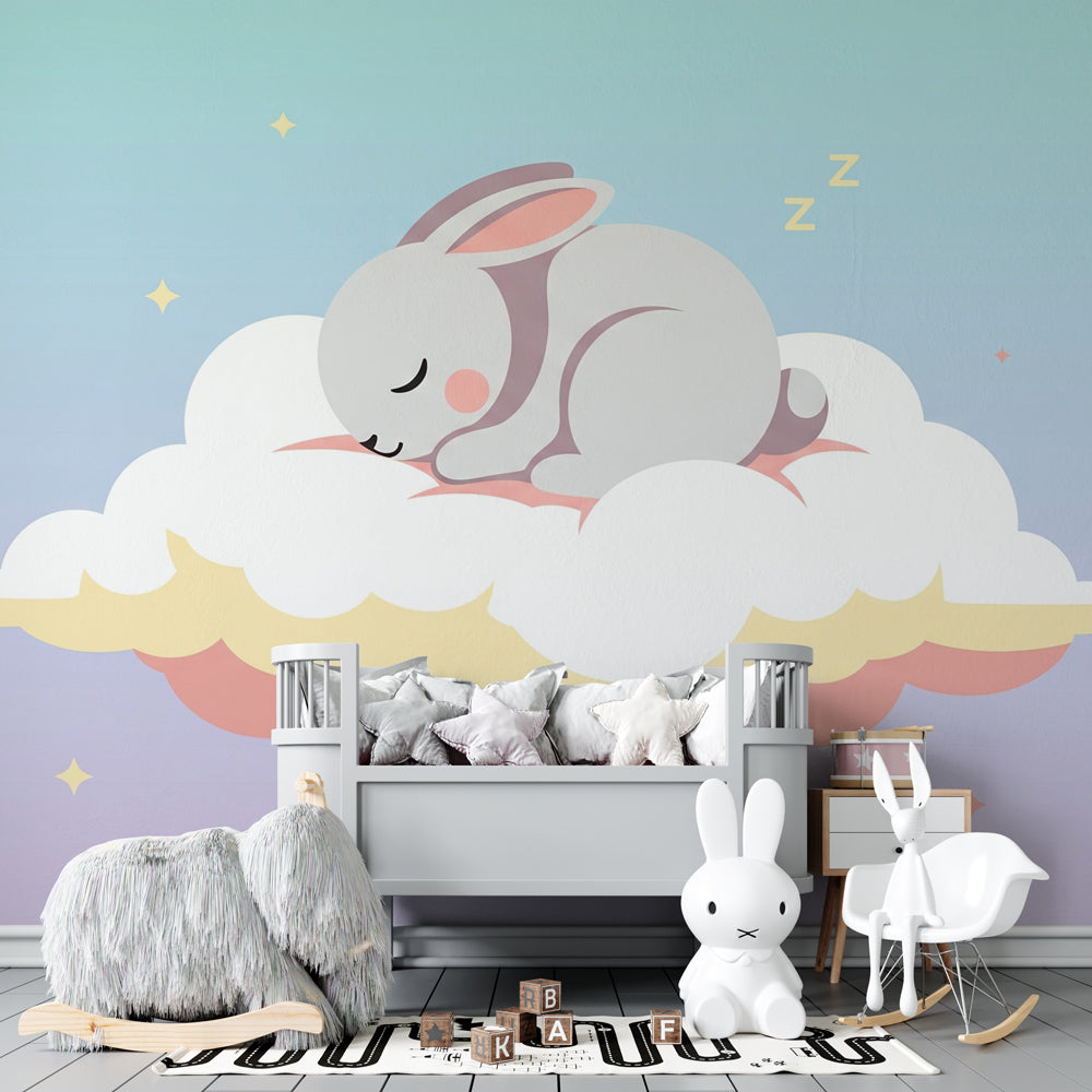 Close-up view of sleeping bunny mural wallpaper showing pastel colors and cloud details